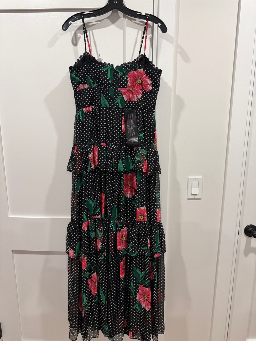 BCBG Floral Polka Dot Tiered Maxi Dress - Black with Pink Flowers NWT size 8 - Picture 2 of 7